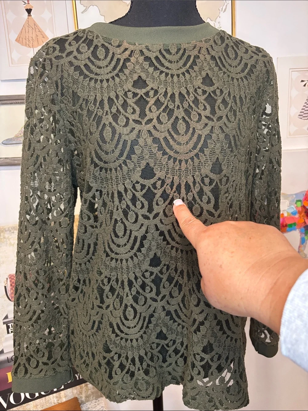 Banana Republic Olive Green Crochet Lace Long Sleeve Top